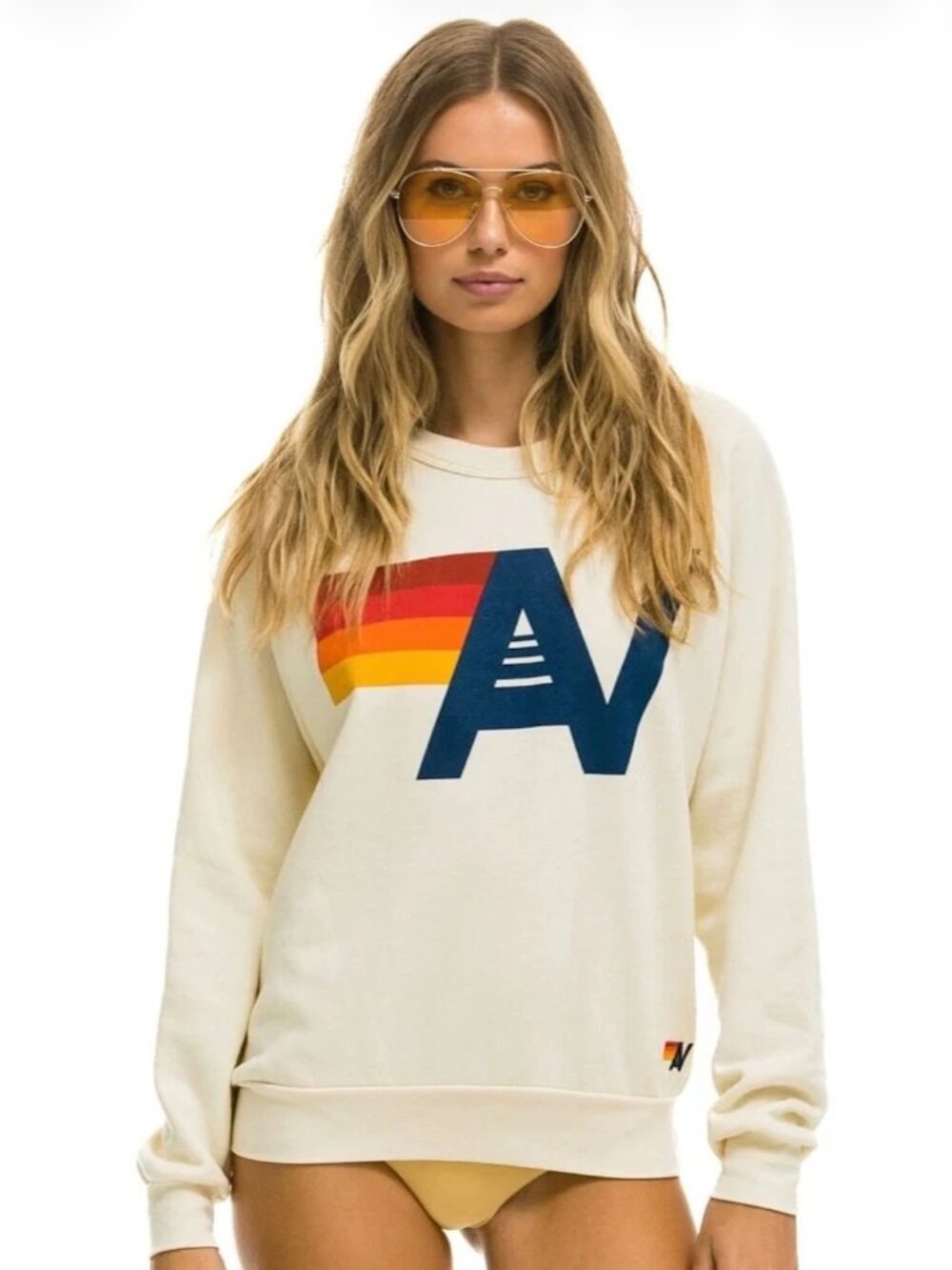 Aviator Nation Logo Relaxed Crew Sweatshirt Vintage White Unisex Size Small